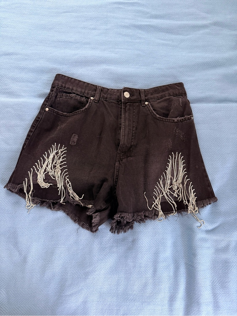 High-Waist Black Denim Shorts with Silver Bead Fringe